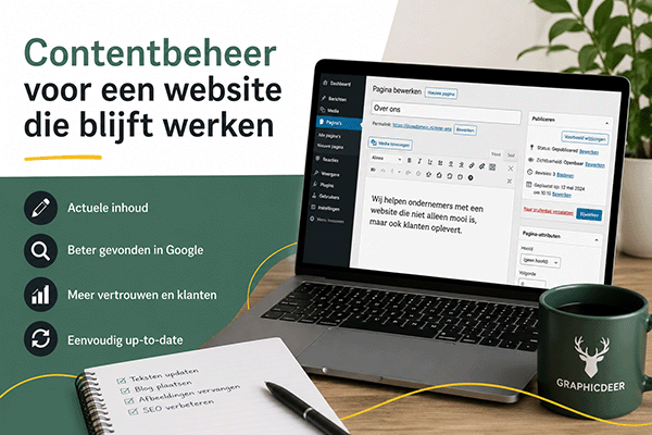 Afbeelding van een laptop met de back-end van wordpress. Er is een opsomming te zien van de voordelen van contentbeheer