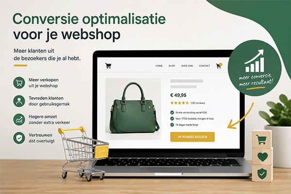 Een afbeelding met informatie over conversie optimalisatie voor je webshop, een laptop met een webshop erop en een winkelkar