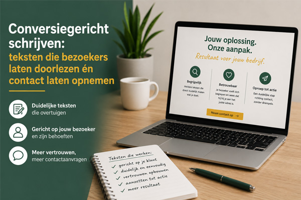 Laptop, kladblok en planten op een bureau. Erbij staan tips over conversiegericht schrijven.