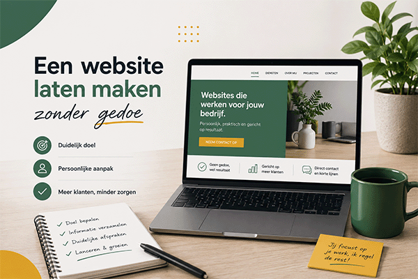 Een laptop met een website. Erbij de tekst een website laten maken zonder gedoe en een opsomming van stappen
