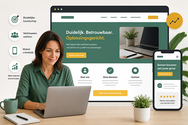 Een vrouw werkt op een laptop voor een grote weergave van een bedrijfswebsite. Op het scherm zijn elementen zichtbaar zoals diensten, contactinformatie, beoordelingen en een mobiele versie van de website. De afbeelding benadrukt wat belangrijk is voor een professionele website voor mkb-bedrijven.