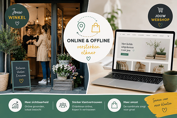 Links zie je een fysieke winkel, rechts een webshop. In het midden staat de tekst: online & offline versterken elkaar