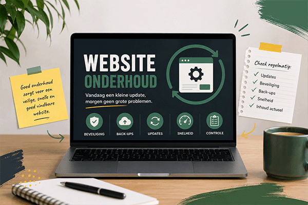 Een laptop op een bureau met informatie over website onderhoud