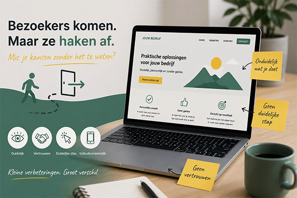 Afbeelding met een laptop en teksten met uitleg over waarom bezoekers op een website afhaken