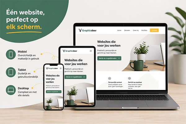 Een afbeelding waarop drie formaten beeldschermen dezelfde website tonen