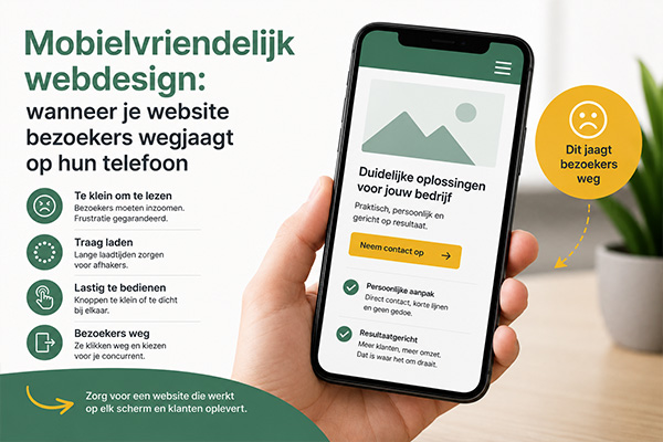 Illustratie van een smartphone met een mobielvriendelijke website op het scherm. De afbeelding laat zien hoe goed mobielvriendelijk webdesign zorgt voor een snelle, duidelijke en gebruiksvriendelijke ervaring op mobiele apparaten.