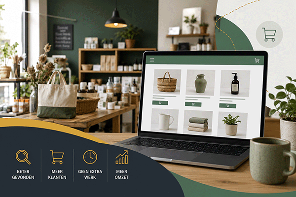 laptop met een webshop in beeld in een kleine woonwinkel