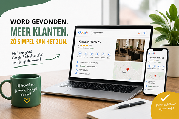 Een laptop met daarop een Google Bedrijfsprofiel van een fictieve kapperszaak