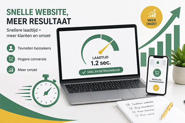 Een laptop waarop een snelle laadtijd wordt getoond. Er omheen staan teksten zoals snelle website, meer resultaat.