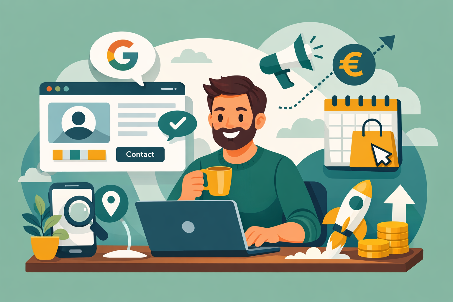 Een persoon achter een laptop. De achtergrond staat vol met dingen die een zzp er bezig houden