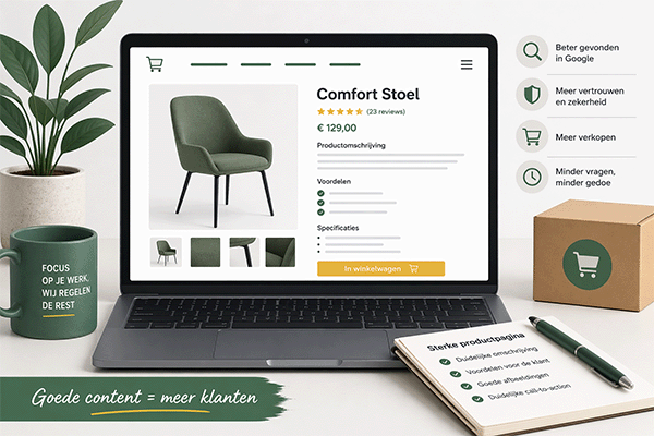 Een laptop waarop een voorbeeld productpagina te zien is over een stoel. Om de laptop staan webshop gerelateerde teksten en items.