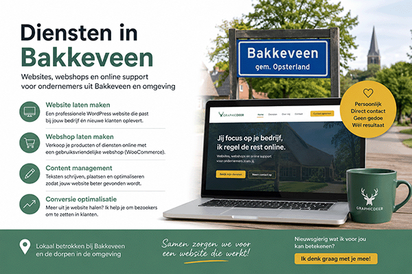 Informatieve afbeelding over de diensten van Graphicdeer in Bakkeveen. Op de achtergrond is een deel van het dorp Bakkeveen te zien en het plaatsnaambord
