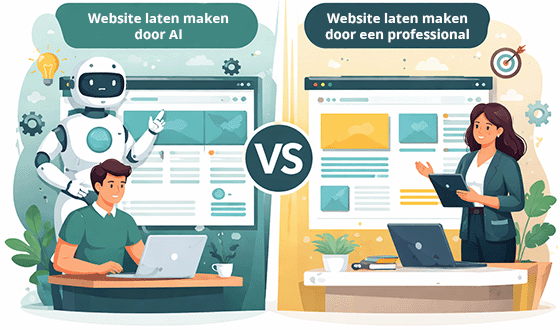 Links zie je een beeld van een robot die een persoon helpt met een website en rechts zie je een mens die helpt met een website